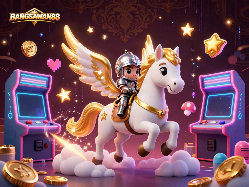 BANGSAWAN88 captivates with a majestic scene showcasing a celestial horse and knight in an arcade-inspired casino setting.