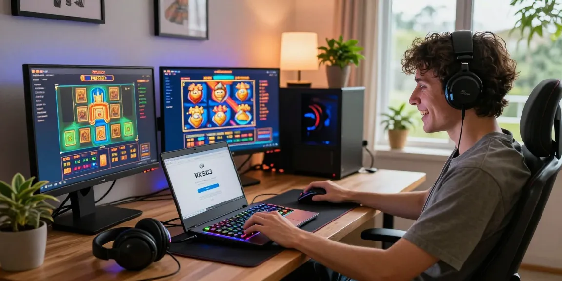 Engaging NX303 login scene with player enjoying online slot games in a cozy setup.