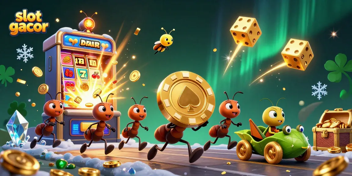 Experience the thrill of slot gacor with a dynamic scene of ants on a heist carrying a massive poker chip.
