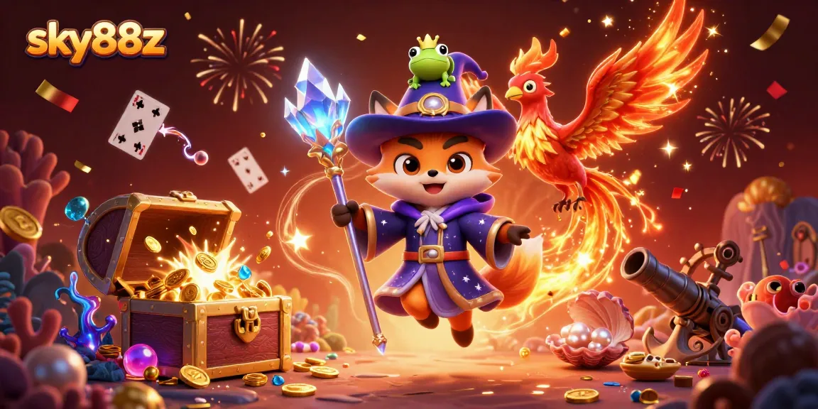 Experience sky88z magic with an enchanting casino scene, featuring a wizard fox and phoenix.