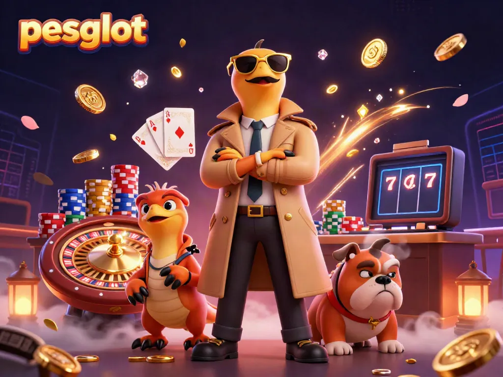 Experience the thrill of pesgslot with raptors sneaking into a casino, surrounded by gold coins and poker chips.
