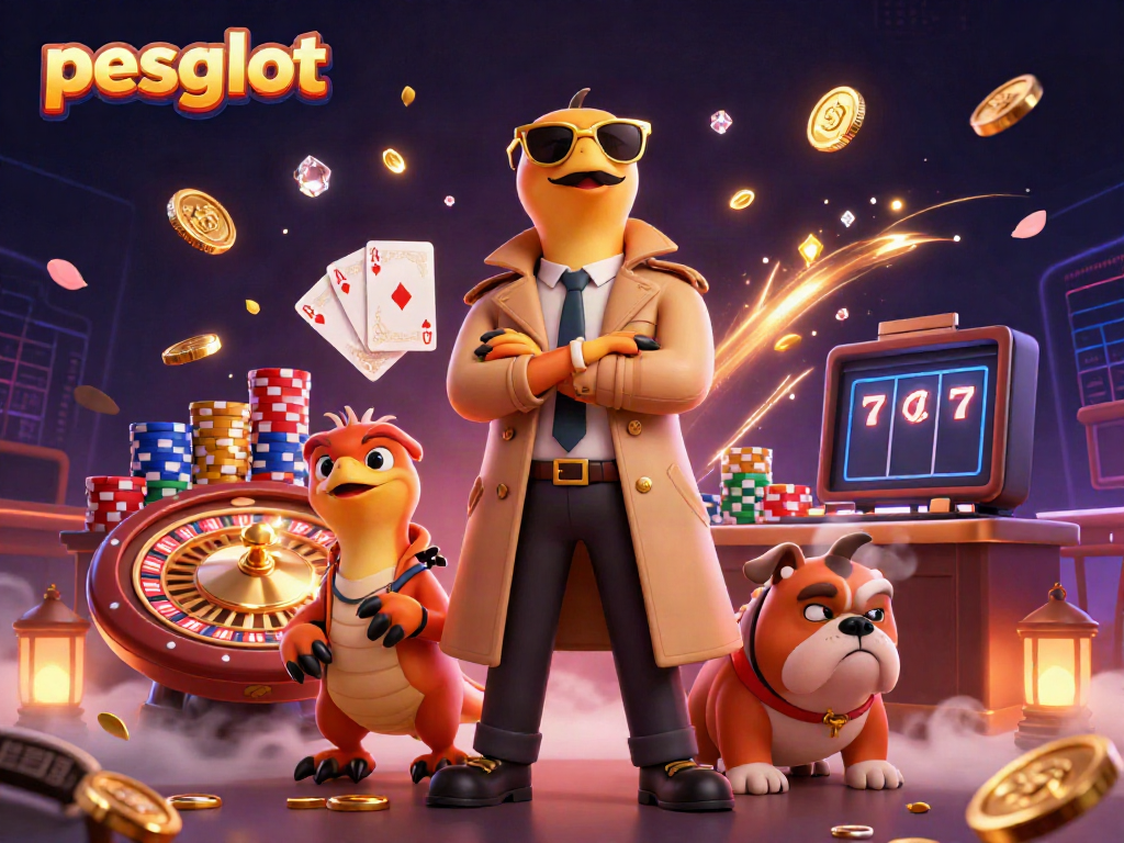 Experience the thrill of pesgslot with raptors sneaking into a casino, surrounded by gold coins and poker chips.