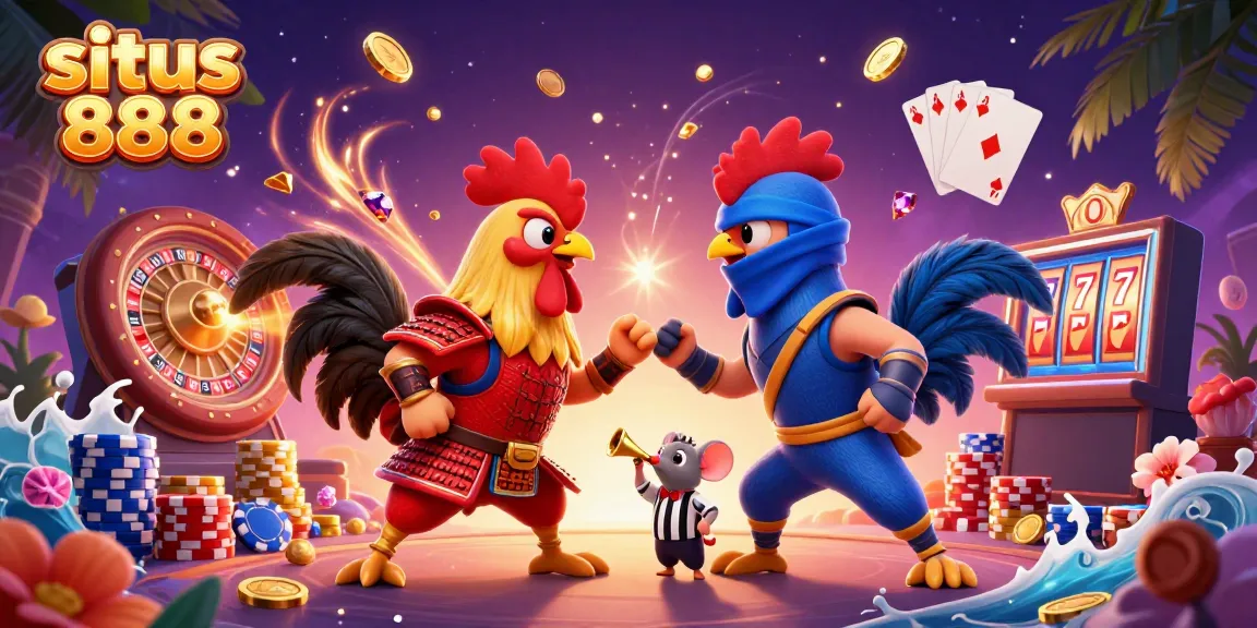 Situs 888 memperlihatkan duel sengit antara dua ayam petarung di arena, dikelilingi oleh koin emas dan permata berkilau.
