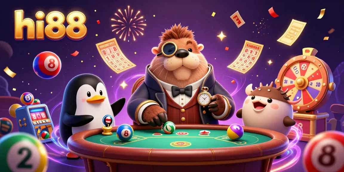 Experience hi88's thrilling poker scene featuring dynamic characters, vibrant lotto balls, and magical effects.