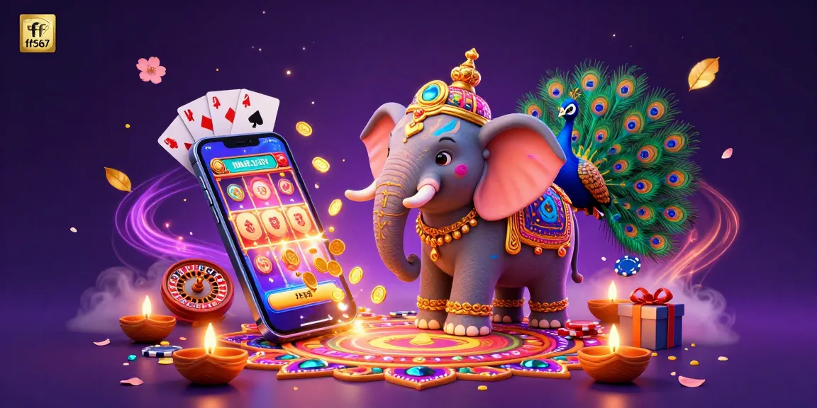 ff567 promove jogos emocionantes com um elefante Diwali colorido, slots e elementos de cassino.