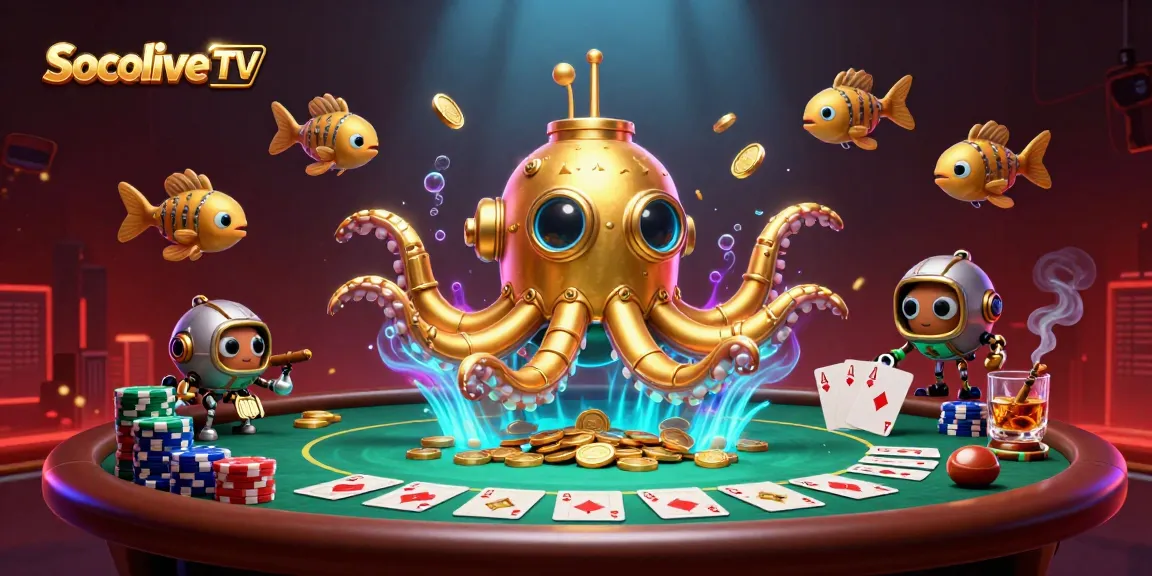 Socolive TV showcases an exciting gambling scene with a kraken submarine and vibrant poker elements.