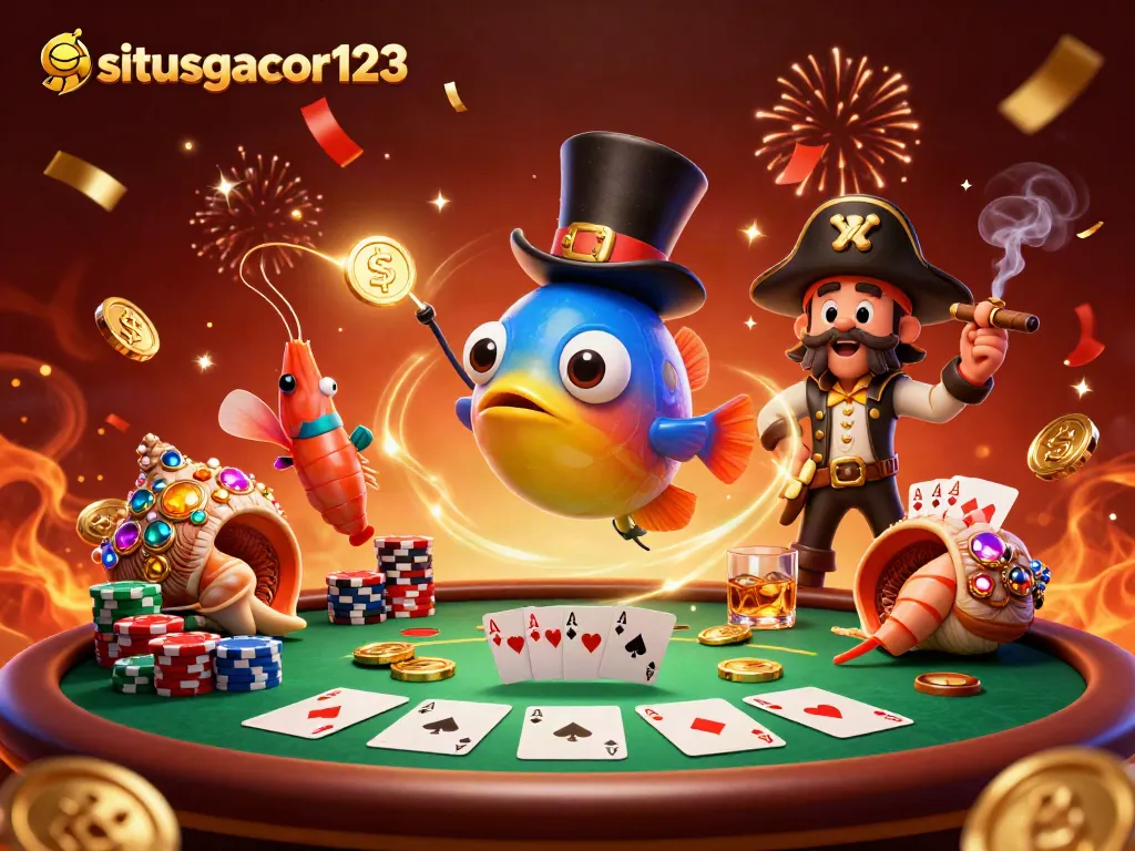 Experience situsgacor123 gaming with a vibrant scene of underwater characters and poker elements.