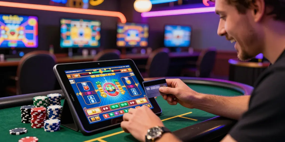 Player engaging with credit card casinos on a gaming tablet amidst vibrant casino graphics and neon lights.