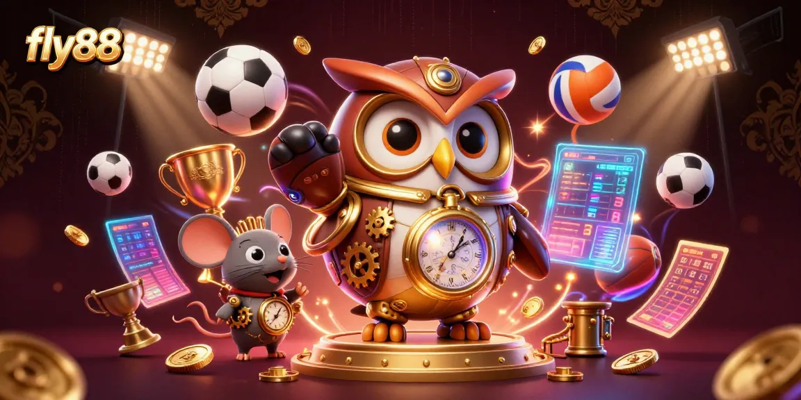 Fly88 features a dynamic online gaming scene with the time-traveler owl and mouse amidst sports betting action.