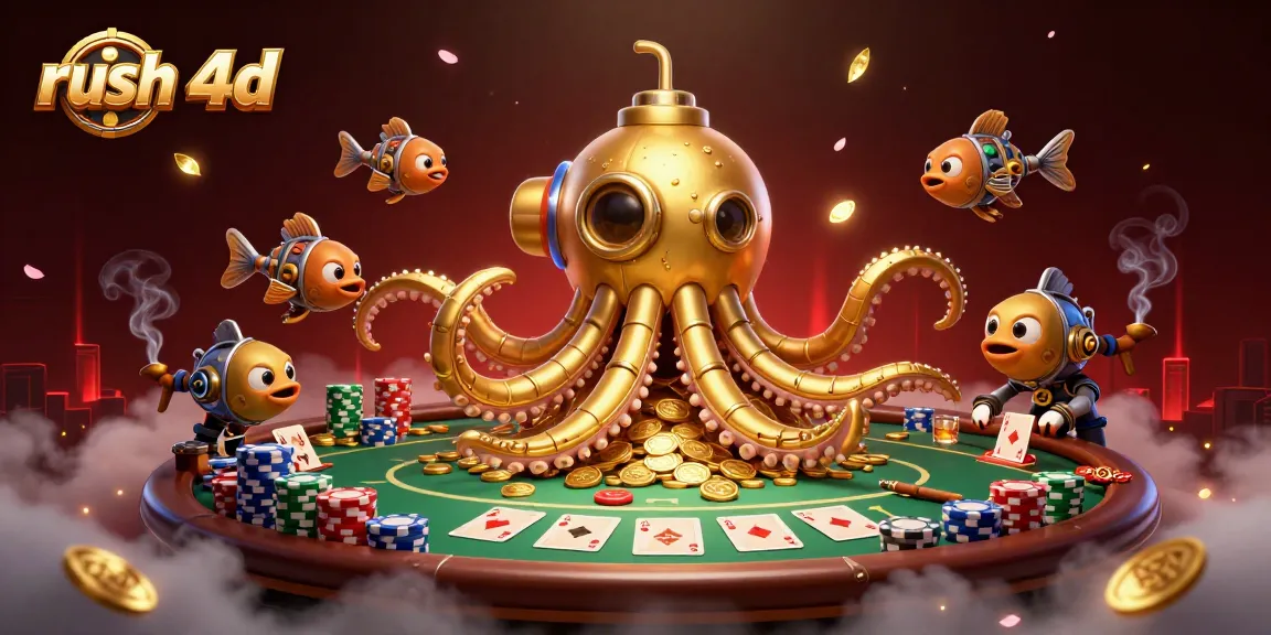Permainan rush 4d menyajikan kraken emas muncul dari tumpukan koin emas di meja poker.