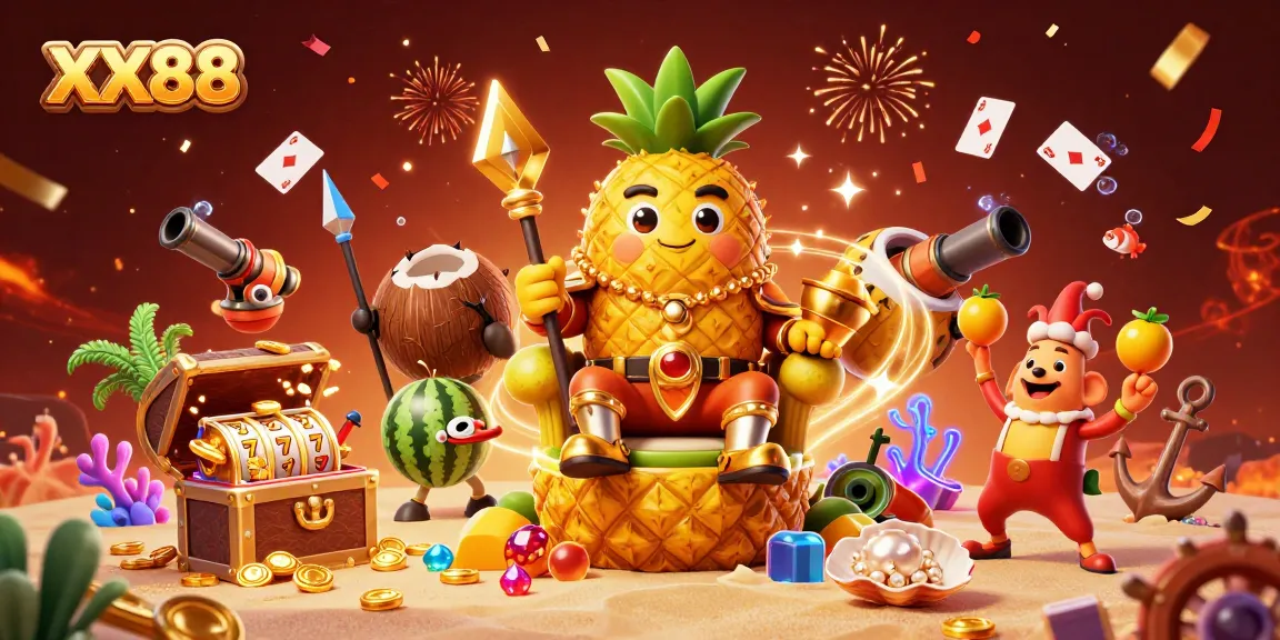 Experience the excitement of XX88 with the golden pineapple king and dynamic casino elements.