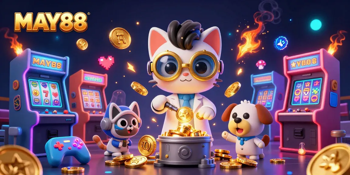 MAY88 strikes gold in a vibrant, animated casino scene filled with thrilling slot machines and game dynamics.
