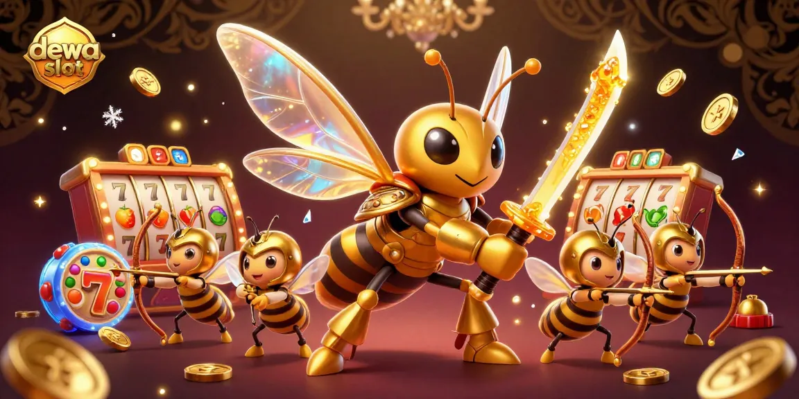 Experience thrilling action with dewa slot featuring golden hornet samurai and vibrant slot elements in a 3D scene.