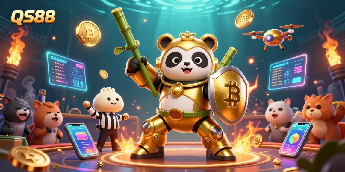 Experience the thrill of QS88 with a golden panda piloting a robot in a vibrant casino scene.