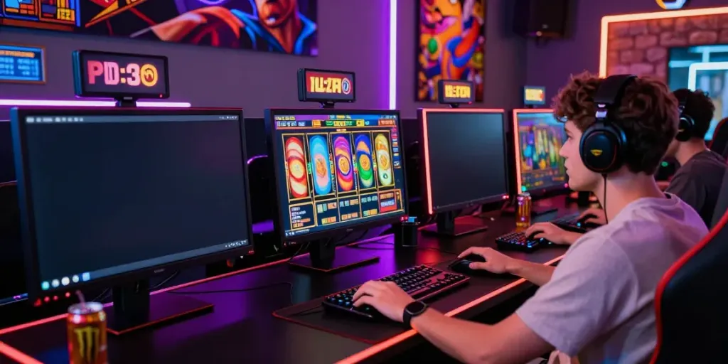 Exciting online slot gaming scene with a player engaged at a colorful desktop setup.
