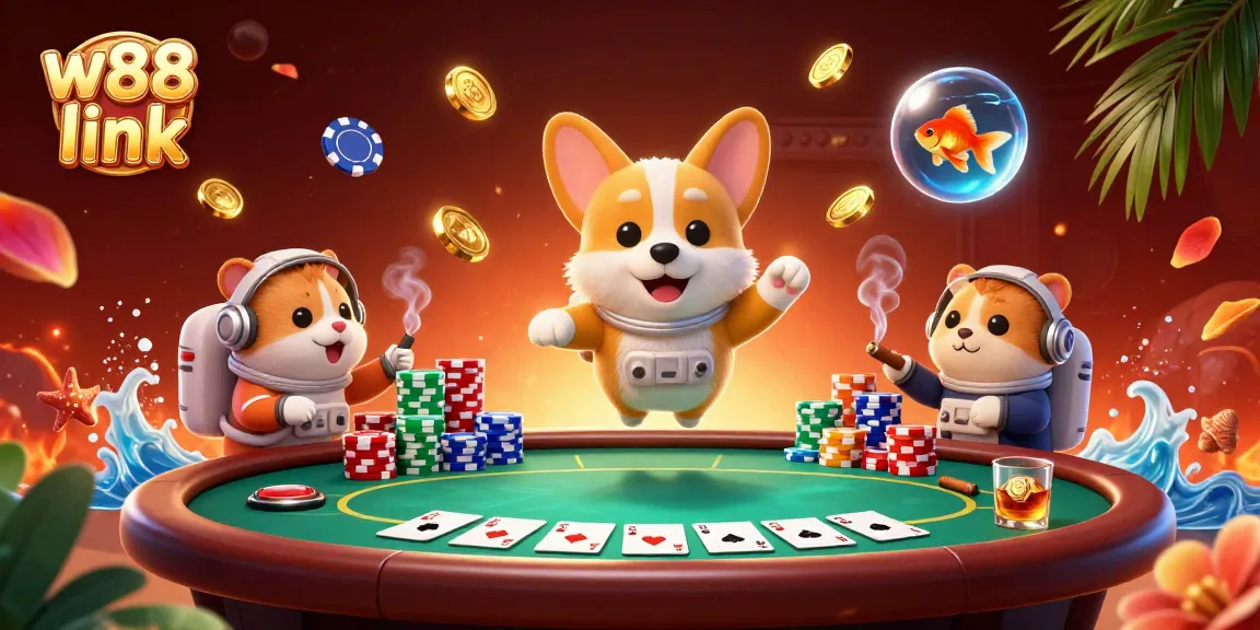 Experience the thrill of w88 link with this dynamic casino scene featuring 3D characters and poker elements.