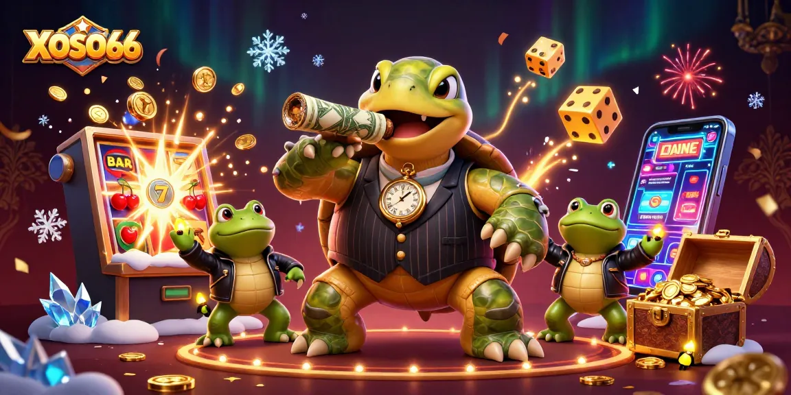 XOSO66 showcases a vibrant casino scene with a snapping turtle mobster and lucky symbols bursting joyfully.