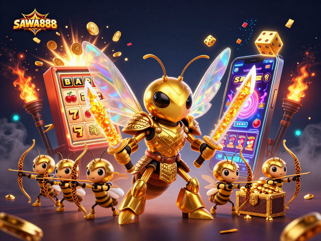 SAWA888 showcases thrilling slots with giant golden hornet and exciting jackpot elements.