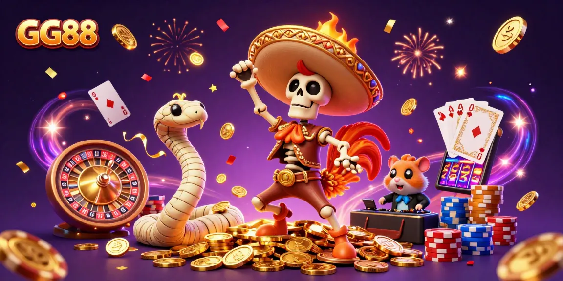 Experience GG88’s thrilling casino vibes with vibrant characters celebrating wins amidst dazzling gold.