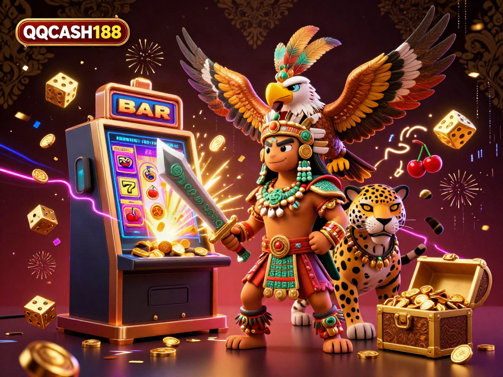 Engage with QQCASH188's vibrant gaming scene, featuring Aztec warriors and thrilling casino elements.