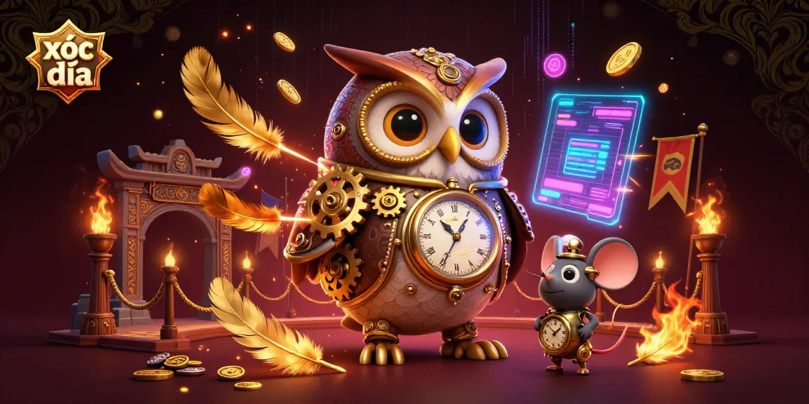 Play xóc đĩa with a whimsical owl and mouse in a vibrant 3D casino setting.