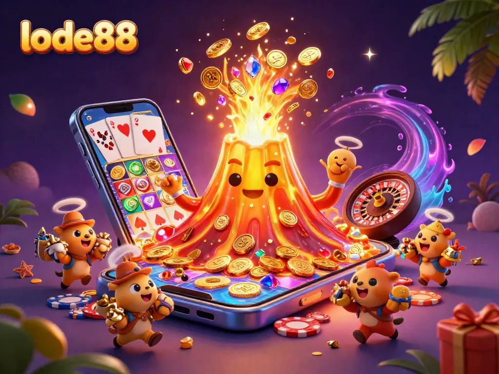 Experience the thrill of lode88 with a golden volcano erupting treasure and playful animals escaping.