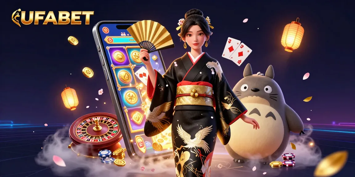 Play exciting games at UFABET with a lavish setting featuring a graceful Asian woman and a tanuki.