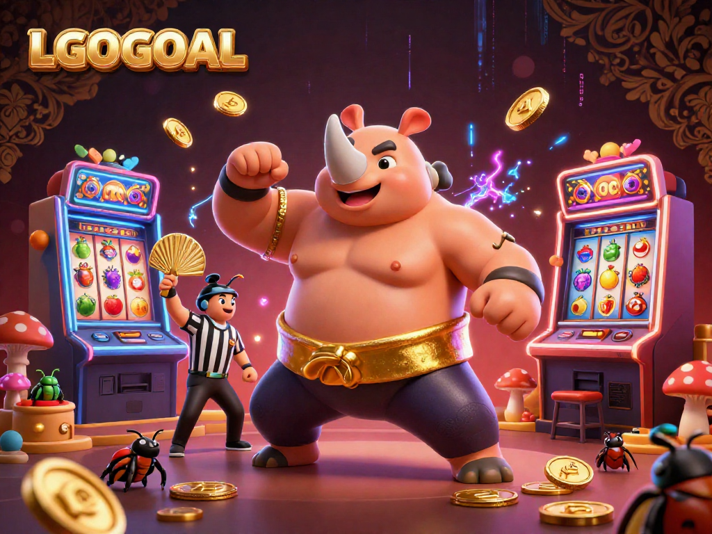 Engage with LGOGOAL's thrilling casino experience featuring a cartoon sumo beetle champion.