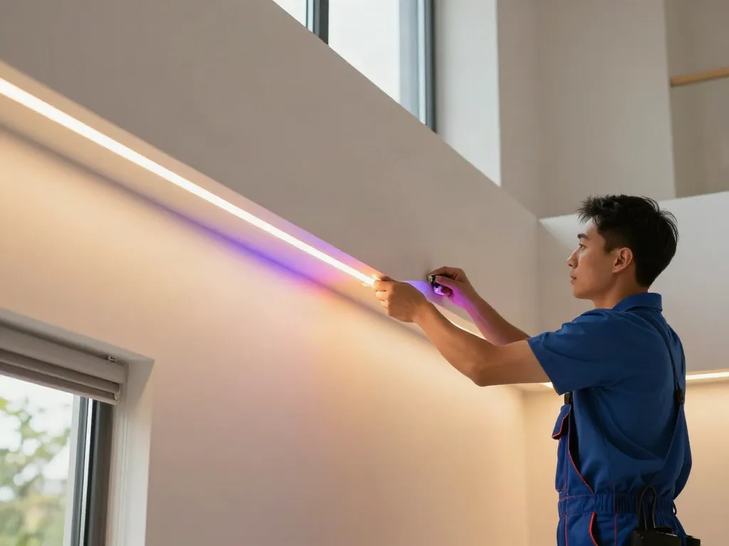 Instalarea benzilor LED în interior de către un profesionist local, transformând atmosfera unei locuințe moderne.