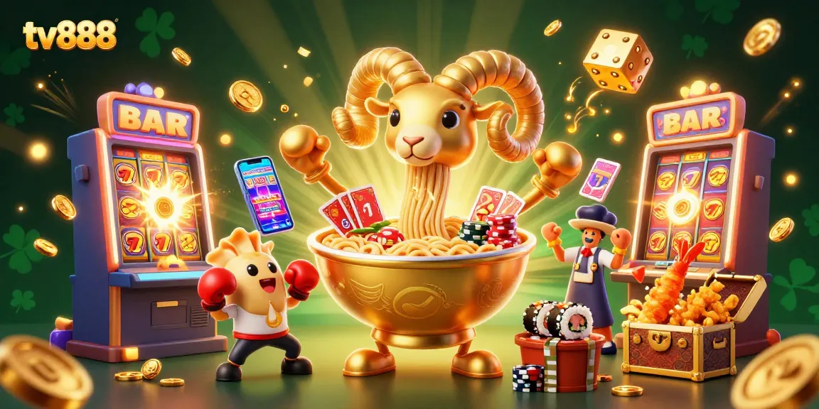 Win big at tv888 with vibrant casino games and colorful characters in a dynamic scene.