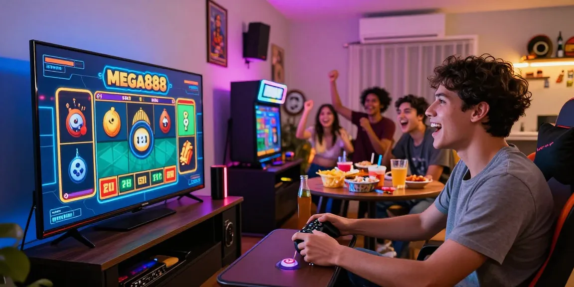 Friends joyfully playing Mega888 in a vibrant home gaming setup with snacks and LED lights.