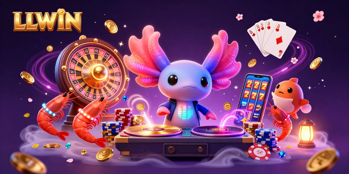 LLWIN showcases a vibrant casino scene with a DJ axolotl, shimmering coins, and a roulette wheel.