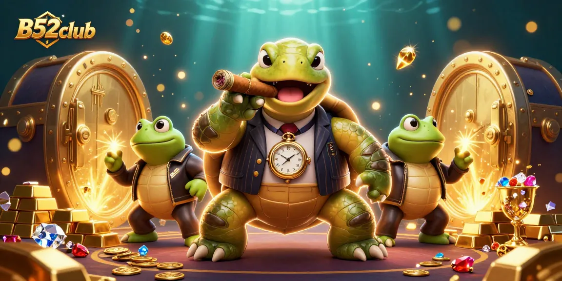 Experience the thrill of B52club with a vivid casino scene featuring a snapping turtle and two bullfrog enforcers.