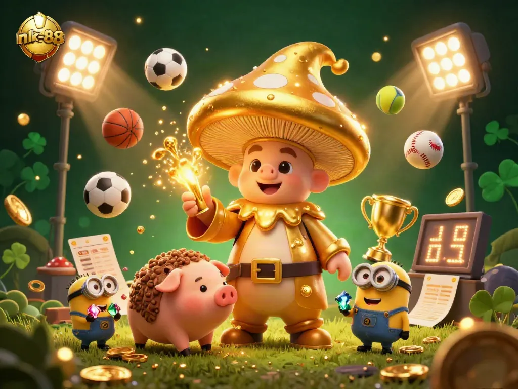 Experience the magic of nk-88 with a golden wizard surrounded by sports elements and treasures.