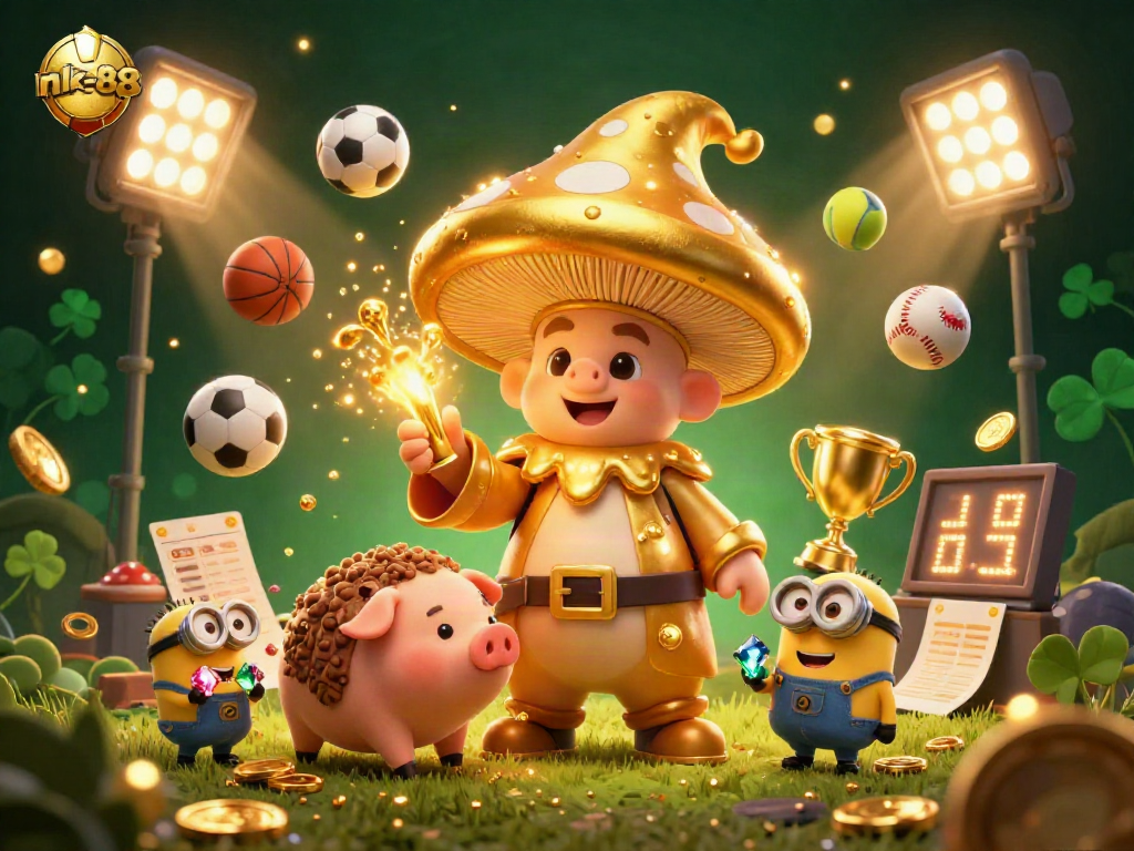 Experience the magic of nk-88 with a golden wizard surrounded by sports elements and treasures.
