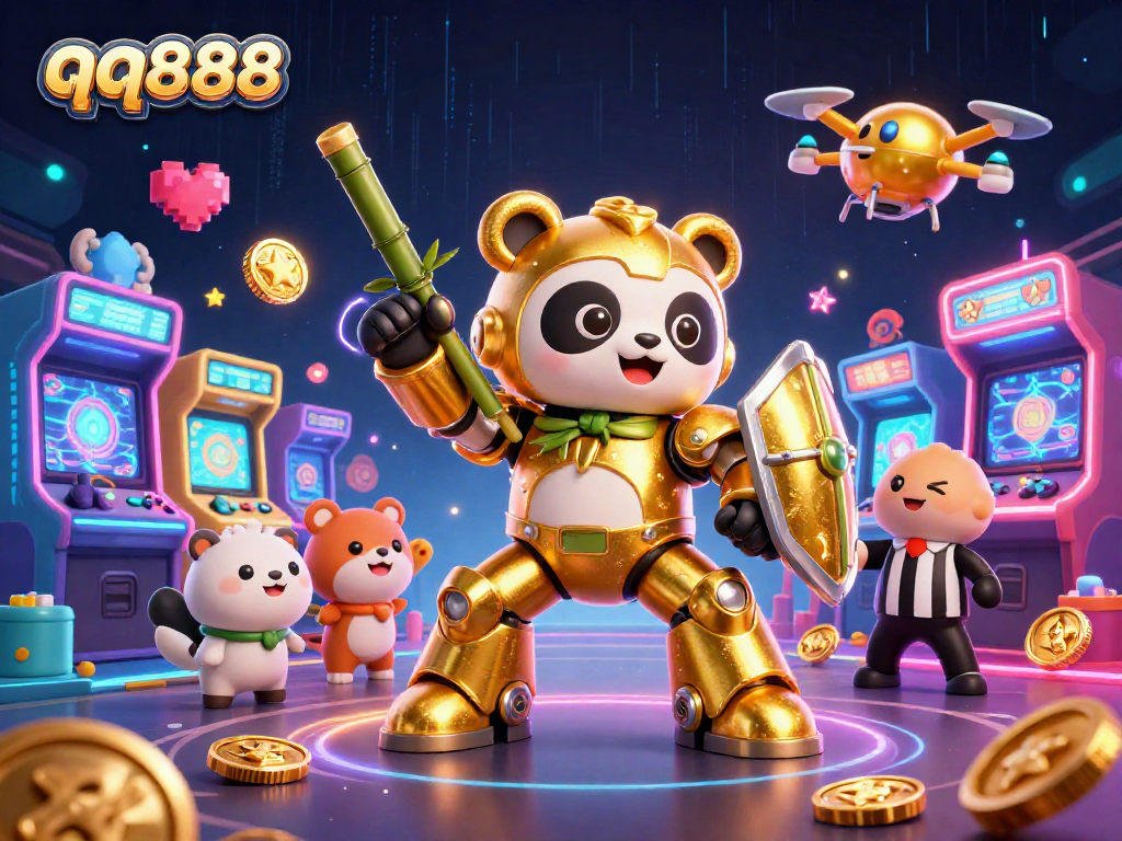 Engage with the vibrant scene of qq888, featuring a mech-suit panda and bustling gaming elements in a colorful arena.