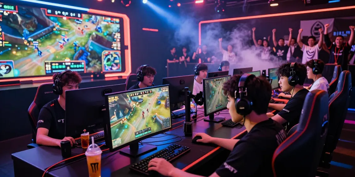 Suasana arena esports yang dinamis dengan pemain boswin 88 berkompetisi di turnamen, sorotan lampu LED berwarna.