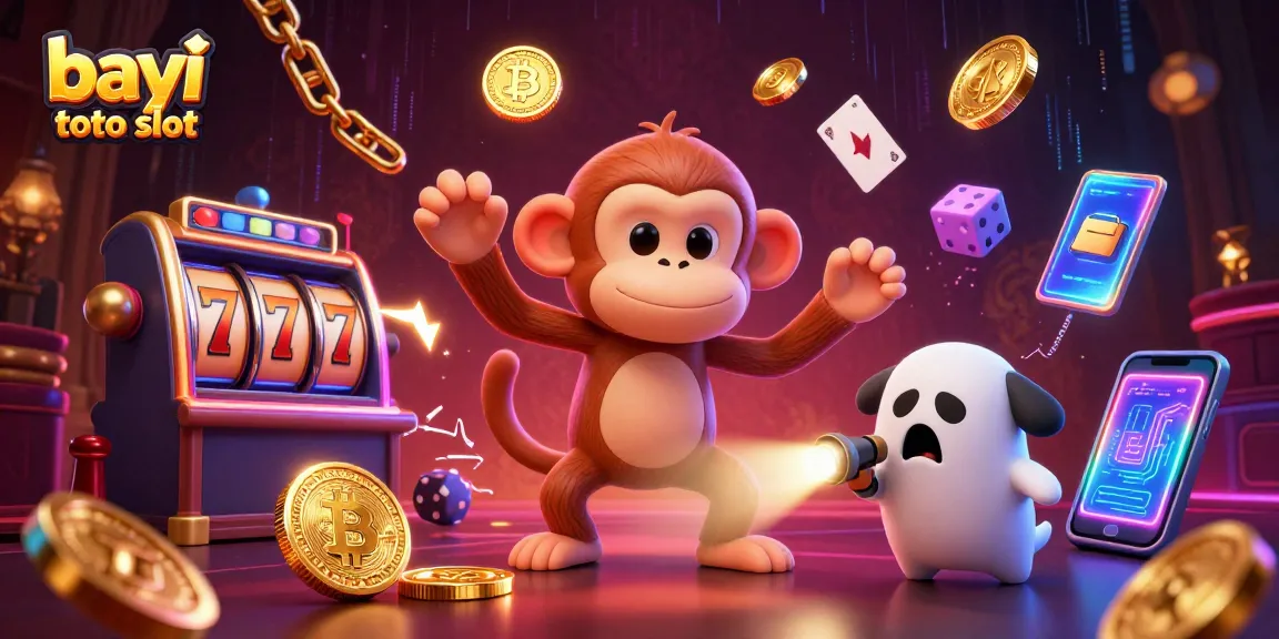 Engage with the vibrant scene of bayi toto slot at a haunted casino with a poltergeist monkey and ghost-hunter puppy.