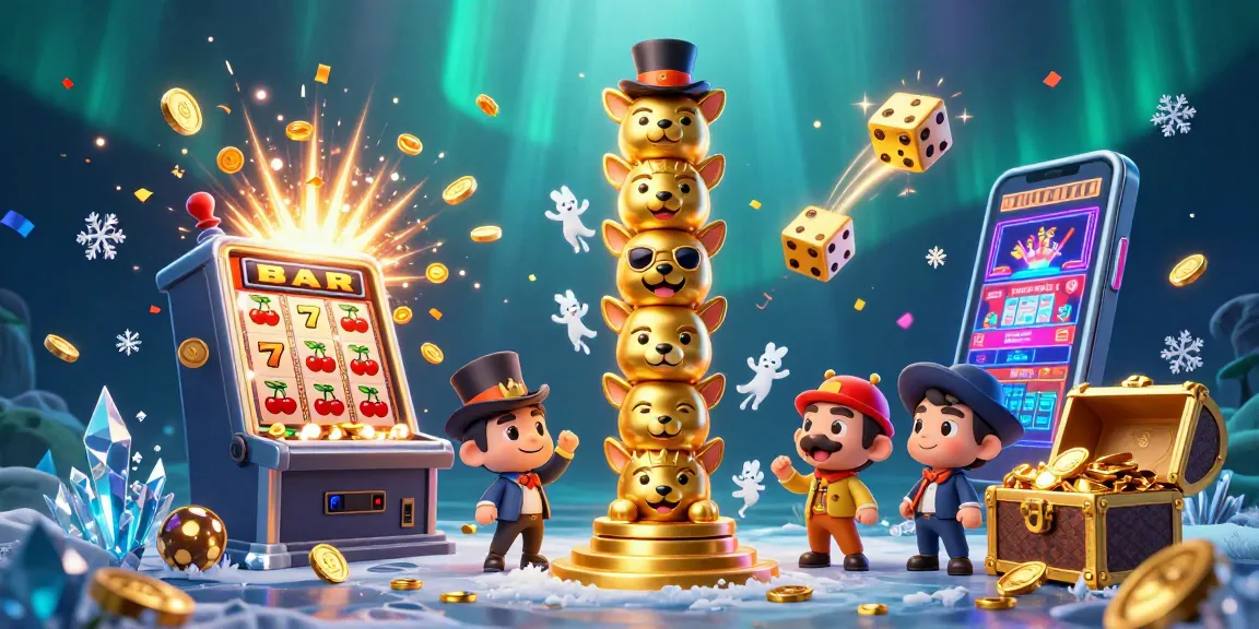 Baccarat players enjoy dynamic action around a festive casino scene full of colorful slot machines and lively characters.