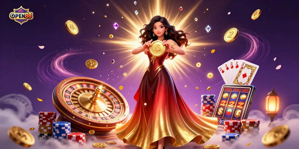 Experience gambling excitement with OPEN88, featuring a stunning Asian woman surrounded by golden coins and casino elements.
