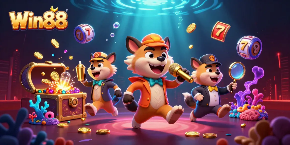 Win88 hyenas entertain at a vibrant comedy casino with slot reels and underwater treasures.