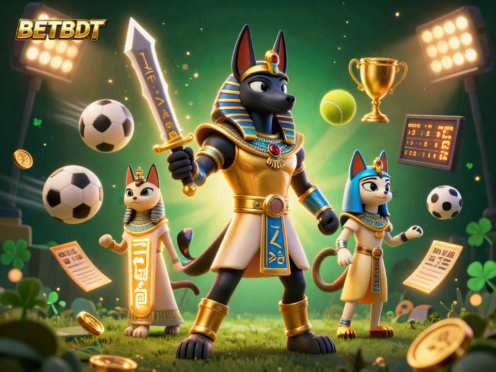 BETBDT captivates players with Anubis and Bastet surrounded by thrilling sports betting elements.