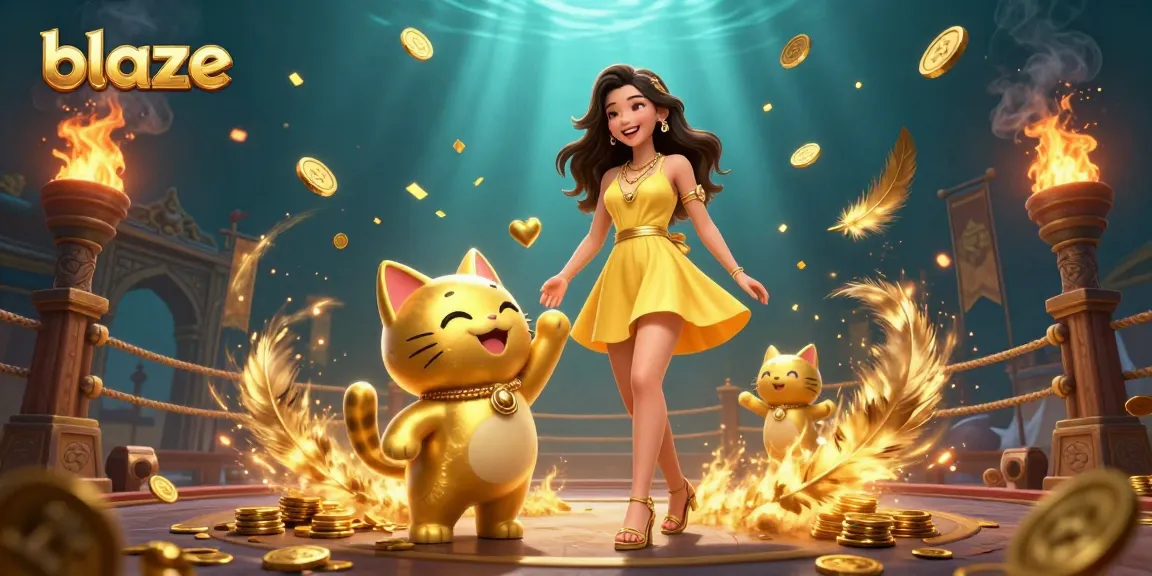 Experience the blaze action with a cheerful woman and lucky cat in a vibrant casino scene.