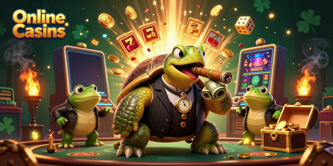 Experience Online Casinos with a lively scene of a snapping turtle in a mobster outfit, bursting slot machines, and rich gaming elements.