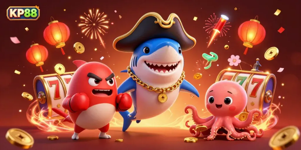 Experience thrilling gaming with KP88 as the pirate shark, pufferfish, and octopus celebrate amidst slot reels and fireworks.