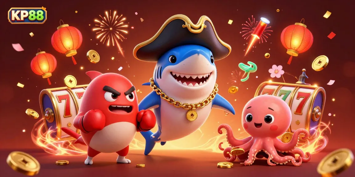 Experience thrilling gaming with KP88 as the pirate shark, pufferfish, and octopus celebrate amidst slot reels and fireworks.