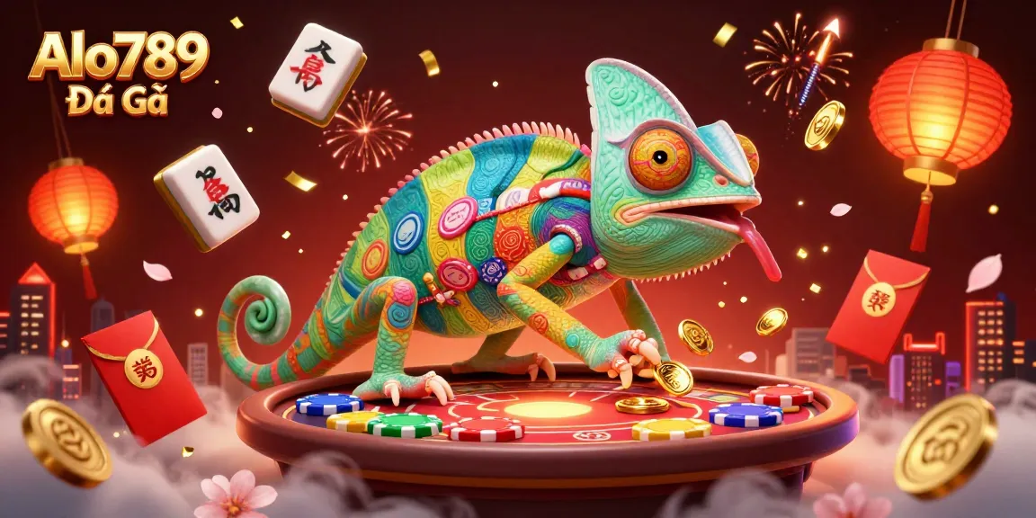 Alo789 Đá Gà features a vibrant chameleon casino owner amidst golden coins and festive elements in a dynamic gaming scene.