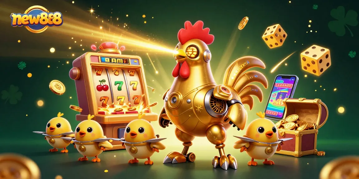 Winning spins at new888 with a golden rooster robot and baby chick drones in an exciting casino scene.