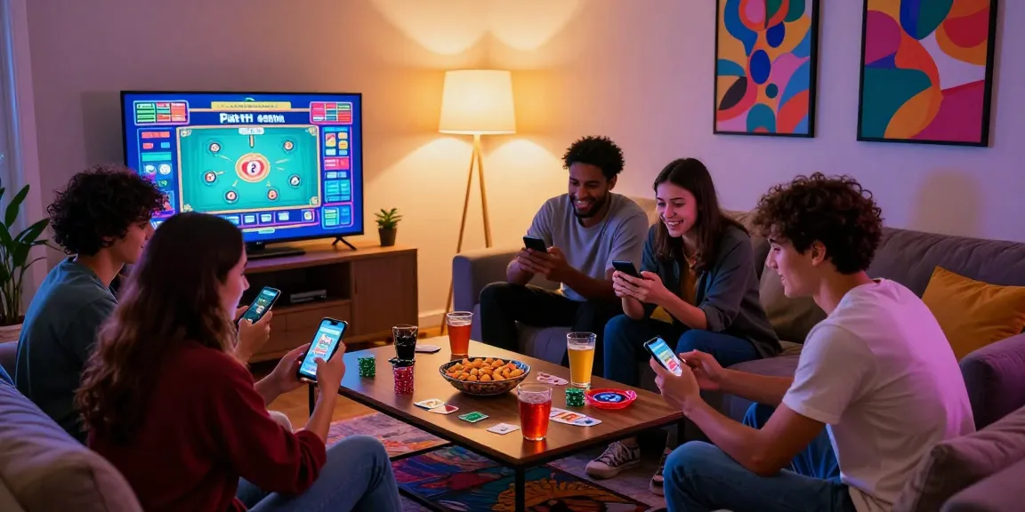 Friends enjoying 3 Patti Vegas in a cozy living room; Click here to play for real cash rewards.