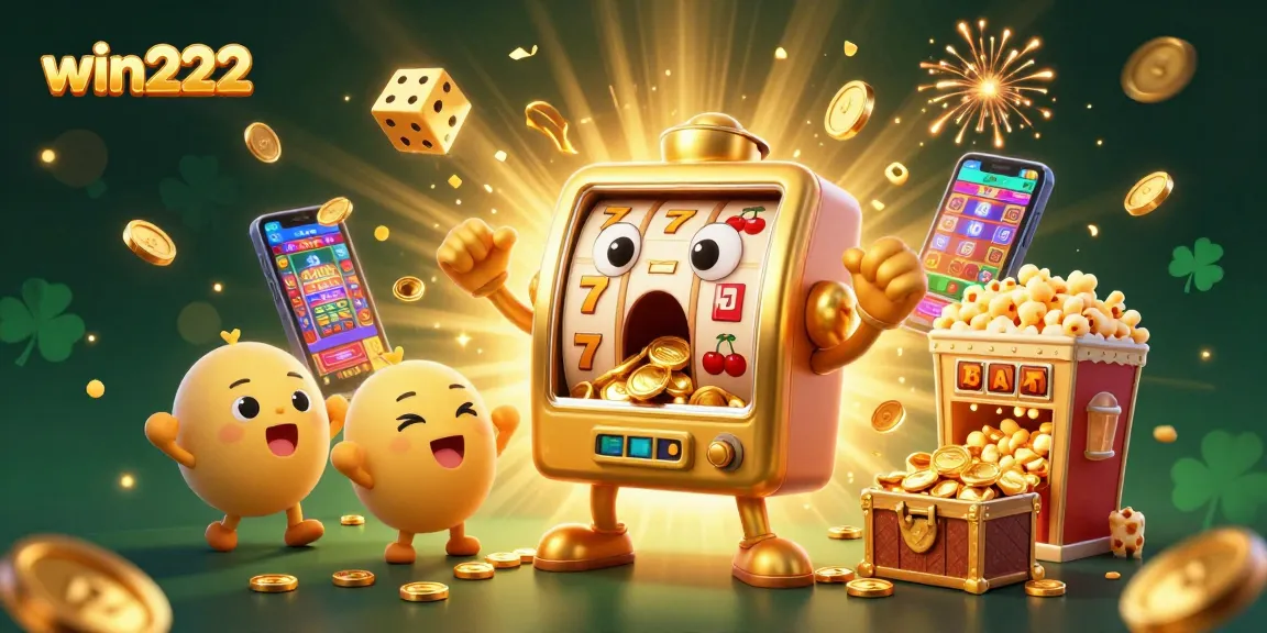 win222 slot machine erupts with coins, showcasing jackpot excitement in vibrant casino scene